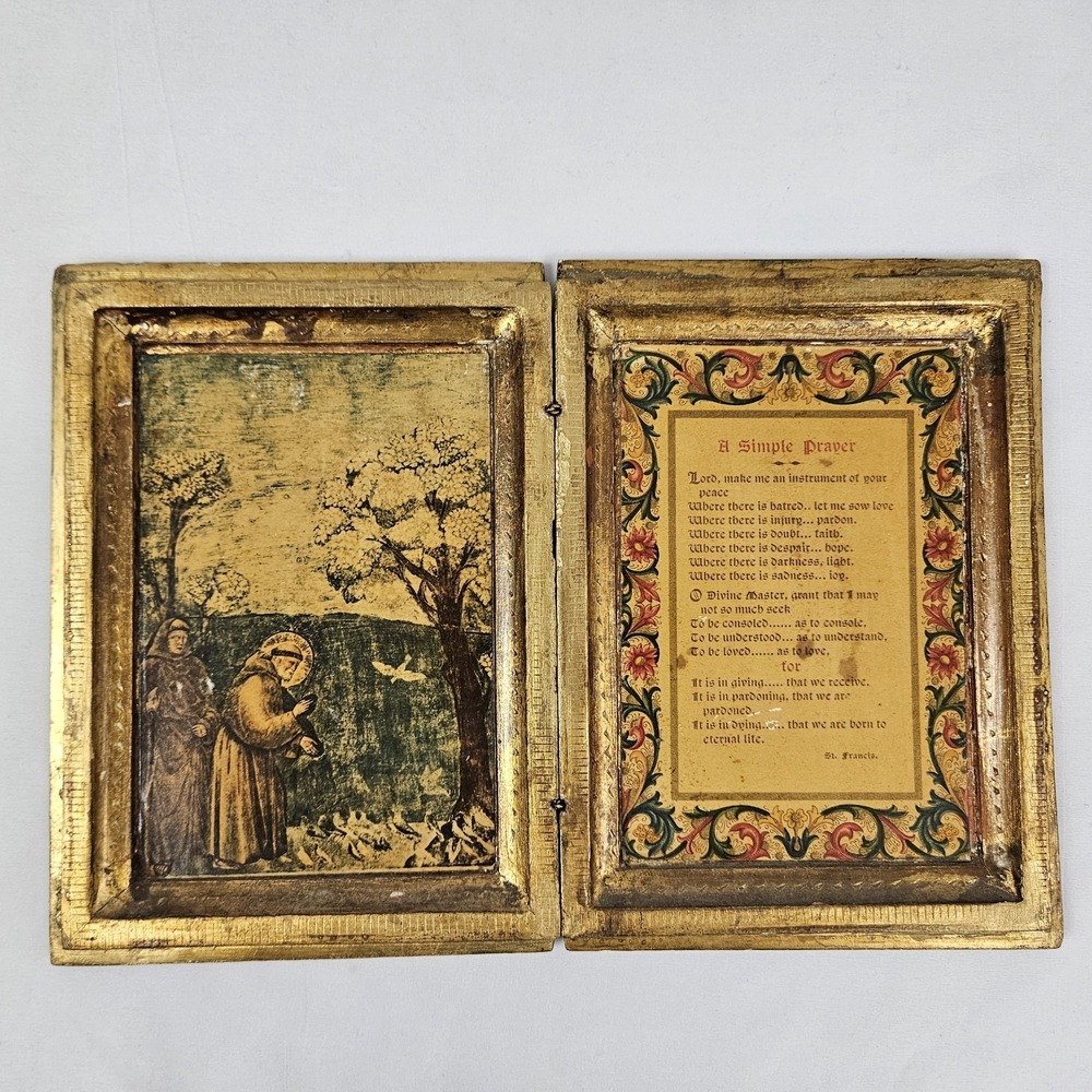 Vintage Gilt Wood Diptych Saint Francis and A Simple Prayer Italian Florentine